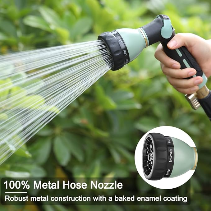 FANHAO Heavy Duty Garden Hose Nozzle, Metal Hose Sprayer Easy Thumb Control | 8 Spray Patterns, Rustproof Water Nozzle, Non-Slip Ergonomic Grip, Elder & Child Friendly for Garden, Car & Pet, Light Green
