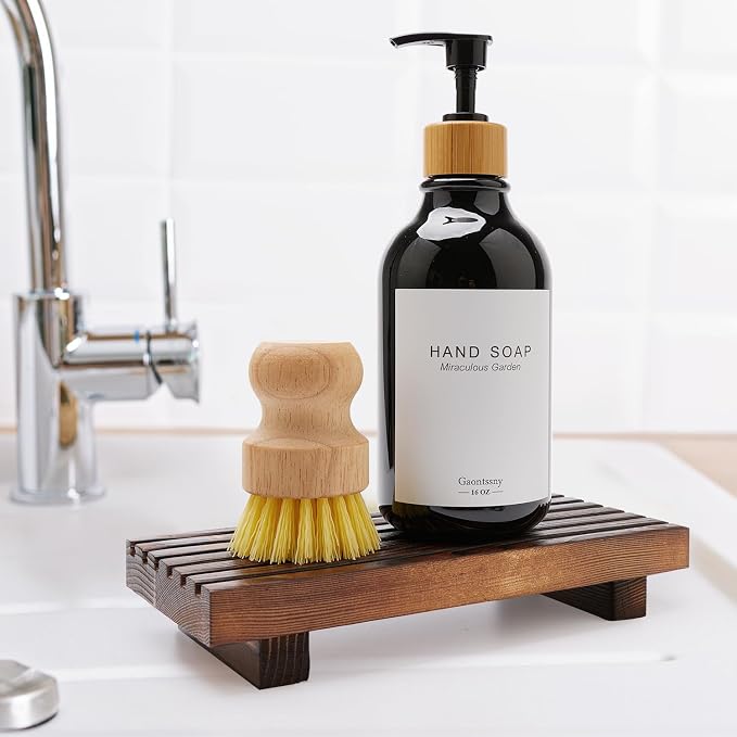 Kitchen Sink Tray for Bathroom Counter Decorative Wooden Riser Soap Holder | Small Dish Soap Dispenser for Bathroom Decor Farmhouse Kitchen Accessories Wood Pedestal Stand Countertop Sponge Vanity Trays