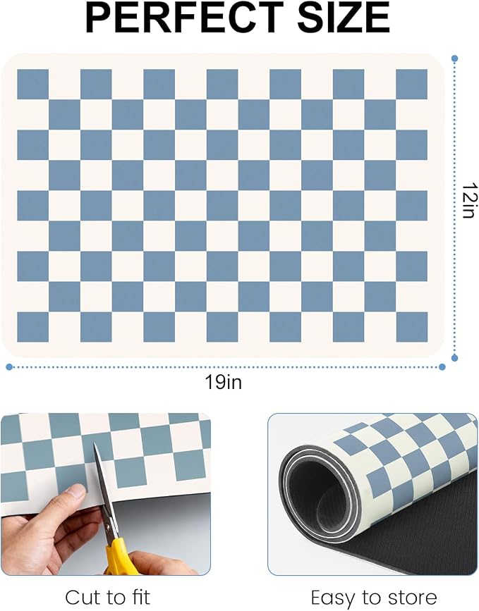 Clinuse Coffee Mats, 19"x12" Checkered Dish Drying Mat for Kitchen Counter, Quick Dry Mat, Diatomite Absorbent Aesthetic Large Drying Mats for Coffee Bar - Blue White