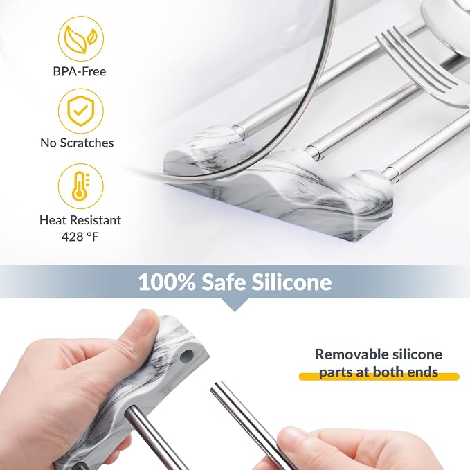 Tomorotec Adjustable Over-The-Sink Kitchen Rack for Dishcloths, Sponges, Bottles and Brushes - Heat-Resistant Stainless Steel with Slim, Expandable Design and Multifunctional Silicone Holder (Marble)