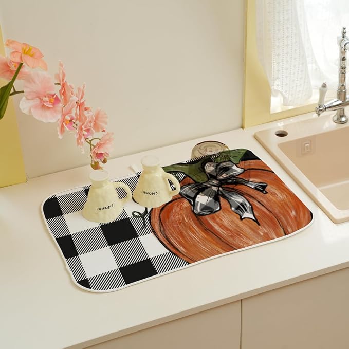 Fall Dish Drying Mat 18 x 24 Inch Thanksgiving Buffalo Plaid Pumpkin Drying Mat for Kitchen Counter Absorbent Farmhouse Autumn Orange Pumpkin Dishes Dry Pad for Drainer Rack Kitchen Fast Dry