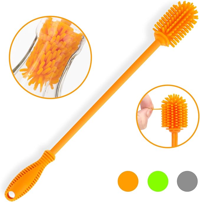 Silicone Bottle Cleaning Brush with Long Handle,12.5" Water Bottle Cleaner for Baby Bottles, Hydro Flask, Sports Bottle, Vase, Glassware, Perfect for Smaller Diameter Bottle Openings (One Pack)
