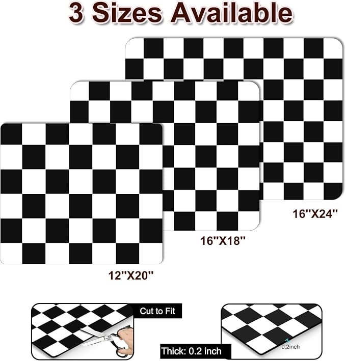 Dish Drying Mat for Kitchen Counter, 12" x 20" Checkered Coffee Bar Mat for Espresso Machine, Absorbent and Stain-Resistant Countertop Protector, Non-Slip Rubber Back Drying Pad, Black & White