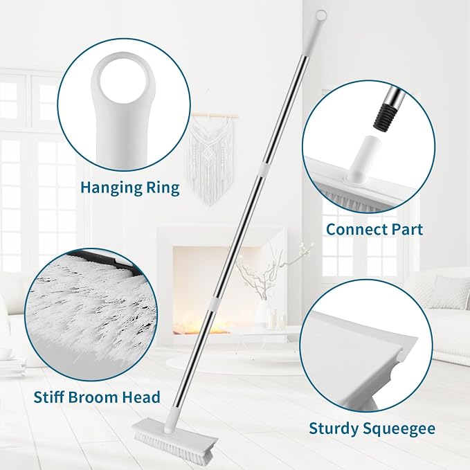 2 in 1 Floor Scrub Brush with Long Handle, White | Scrape Brush Stiff Bristle Floor Scrubber for Cleaning Shower Bathroom Garage Kitchen Wall Deck Tub Tile