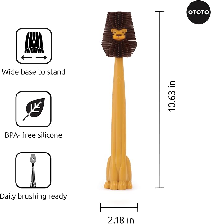 OTOTO Cleo Dish & Water Bottle Brush – Silicone Baby Bottle Brush, Water Bottle Cleaner, Dish Brush with Long Handle, Cute Lion Design, Crevice Cleaning Brush, Baby Essentials, Kitchen Gadgets