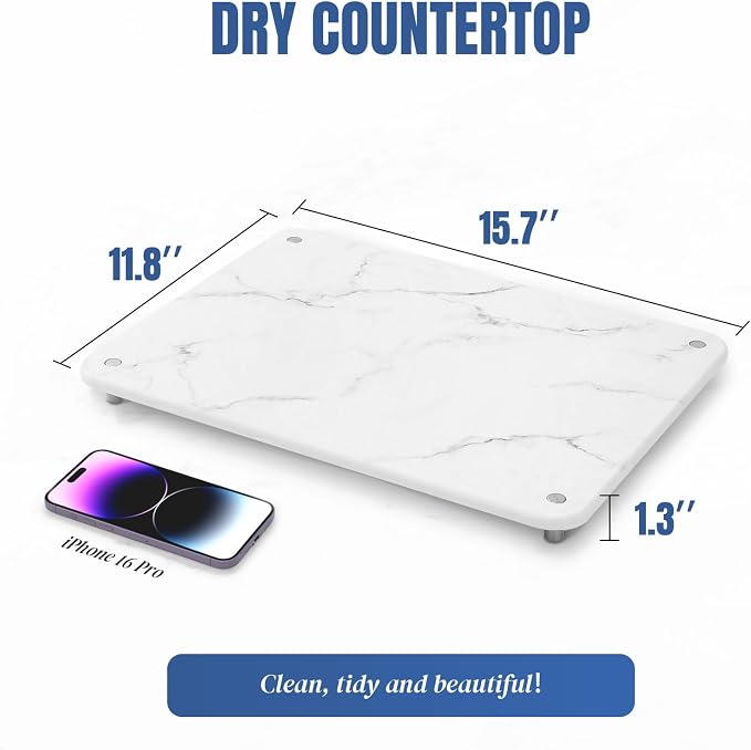Stone Drying Mat for Kitchen Counter with Non-Slip Stainless Steel Feet, Quick Drying Diatomaceous Dish Racks for Dishes, Bottles and More, 15.7"(L)×11.8"(W), Pearl Marble