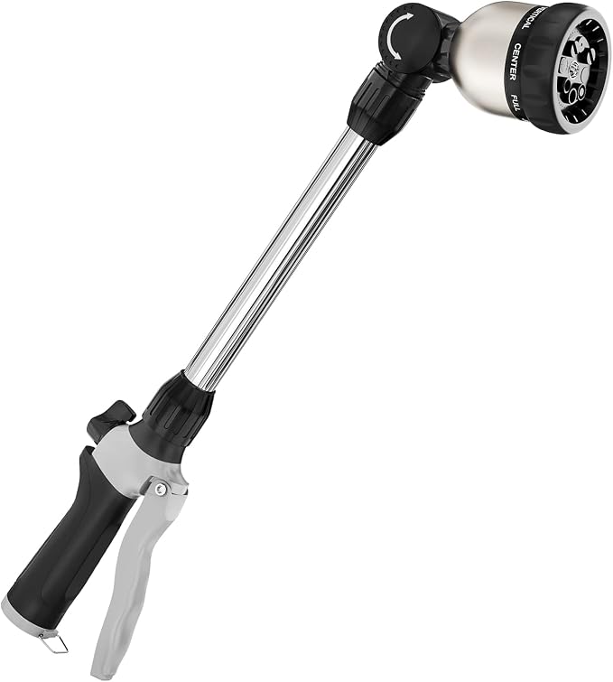 FANHAO Watering Wand Heavy Duty, 16 Inches Metal Garden Hose Wand with 8 Spray Patterns, Long Hose Nozzle Sprayer with ON/OFF Thumb Control, Perfect for Hanging Baskets, Shrubs, Garden and Lawn
