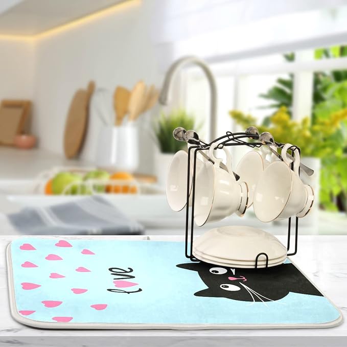 Absorbent Dish Drying Mat for Kitchen Counter - Blue Love Cat Microfiber Drying Pad, Reversible Drainer Mats for Countertop, Lager 18 x 24 inch