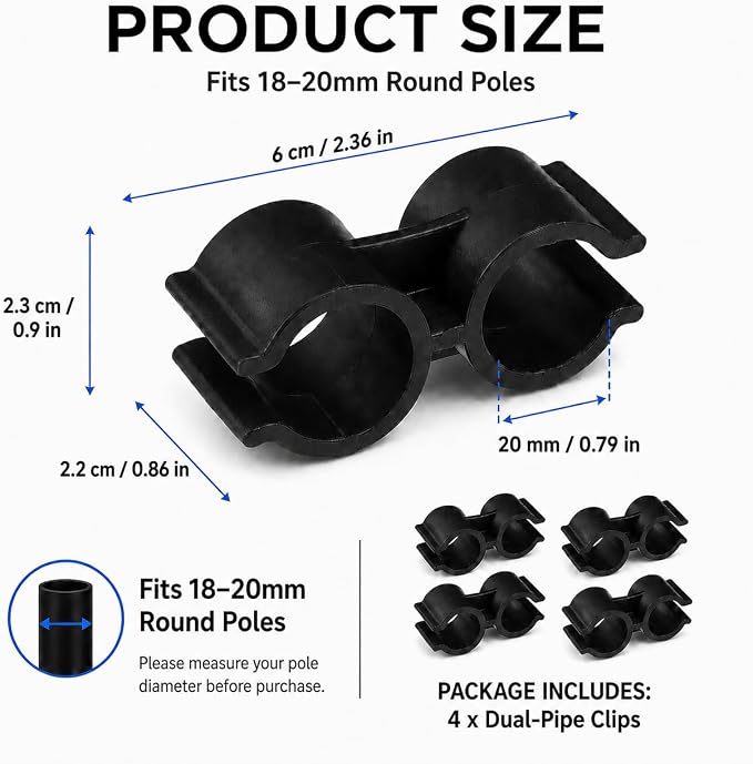 KESYOO 4Pcs Broom and Dustpan Clips, 20mm Plastic Double Pipe Connector, Pole Holder Attach Clamp for Cleaning Tools Storage