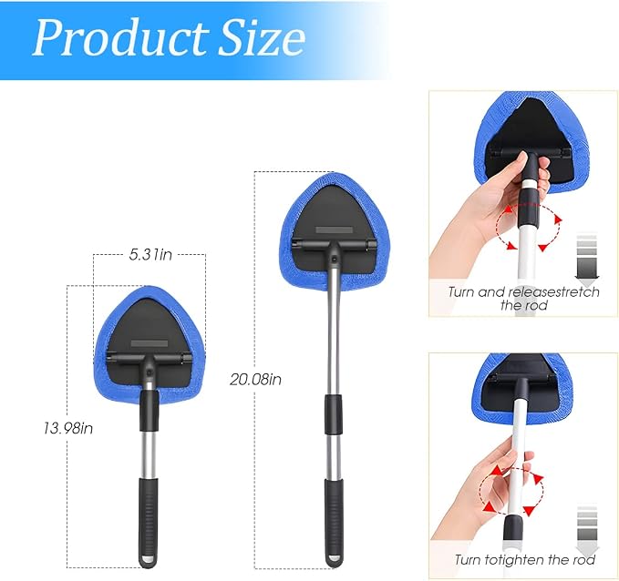 Extendable Car Windshield Cleaning Tool with Microfiber Pads, Blue | reusable glass-wiper design, interior and exterior window use, fits most cars, SUVs, and trucks, automotive cleaning tools