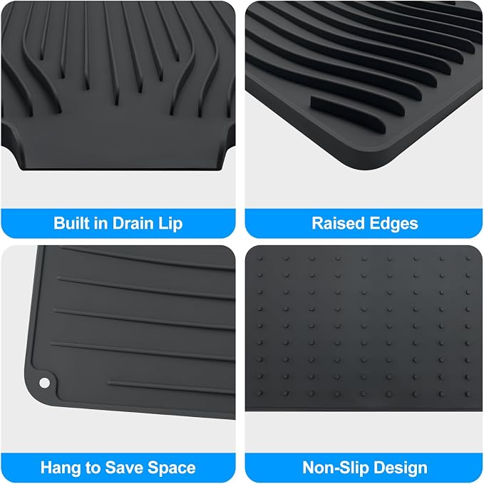 Silicone Dish Drying Mat for Kitchen Countertops and Sinks,19 x13.7 Inch Non Slip Heat Resistant Mat with Built In Drainage System,For Refrigerator and Drawer Liners (black, 19 x13.7 Inch)