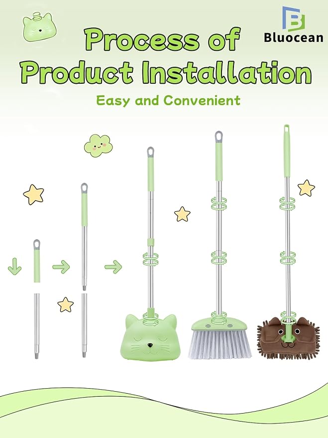 28'' Kids Mini Broom with Dustpan & Mop Set - Toddler Cleaning Toy, Toddler Household Helper, Parent-Child Interactive Play Cleaning Tool, Cute Cartoon Design, Small Safe Corner Broom (Green)