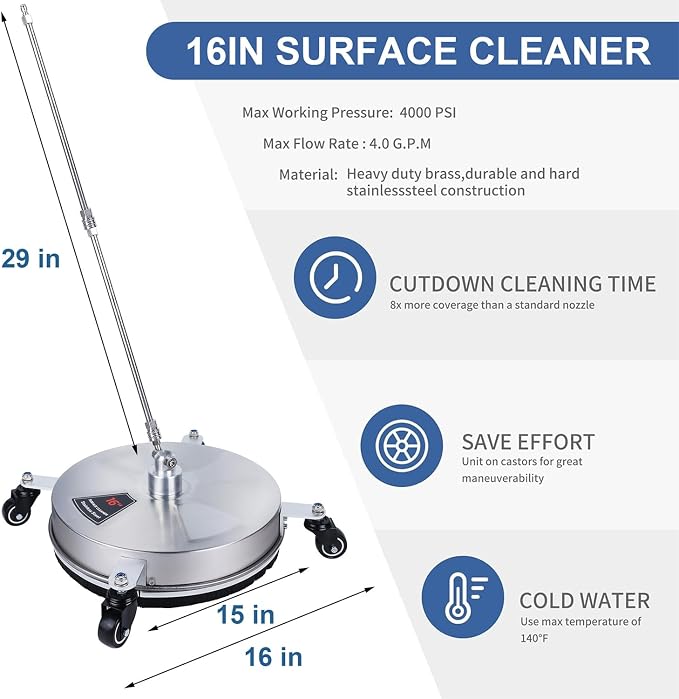 Biswing 16" Pressure Washer Stainless Steel Surface Cleaner with 4 Wheels & 1/4" Quick Connector, Power Washer Attachment with 2 Extension Wand, 2 Replacement Nozzles, 4000 PSI