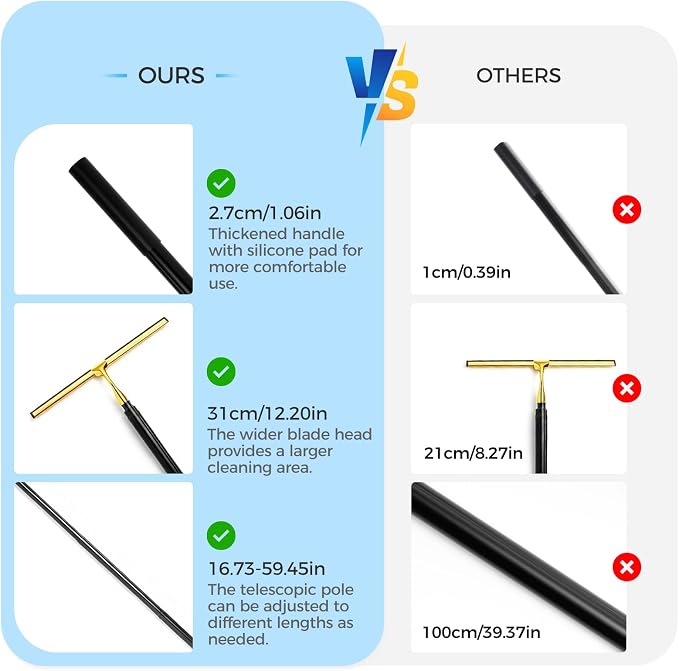 17“- 60" Extendable Long Handle 2-in-1 Window Squeegee Gold | 12.4" Wide Metal Shower Squeegee for Glass Doors, 2-in-1 Squeegee for Home Window Cleaning, Tile Wall, Car