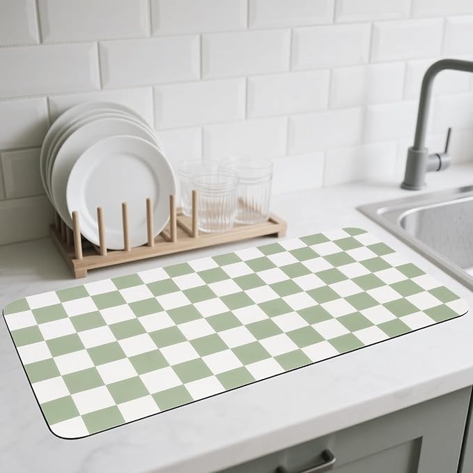 CooRug Checkered Dish Drying Mat, 17" x 32", Green | Absorbent, Leak-Proof, Non-Slip, Heat Resistant, For Kitchen Counter & Coffee Bar, Eco-friendly Materials, Easy to Clean