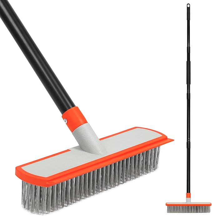 MAVRIZ Stainless Steel Concrete Brush with Long Handle - Heavy Duty Deck Brush for Concrete Cleaning, Outdoor Broom for Moss Removal, Wire Brushes for Scrubbing Patios, Driveways & Pools