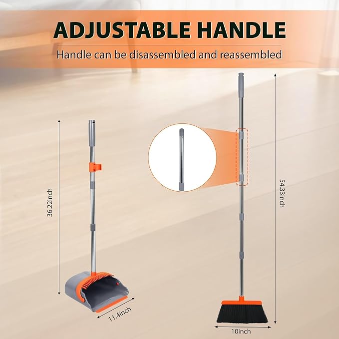 YZO Broom with Dustpan Combo Set, 56.1-Inch Long Handle Standing Design, Dustpan Front Rubber Tight Seal, Broom with 5-Layer Bristles, Suitable for Indoor Outdoor(Gray&Orange)