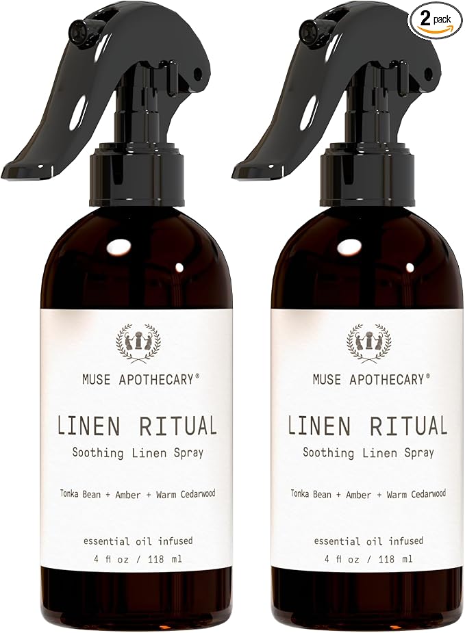 Muse Apothecary Linen Ritual - Aromatic, Soothing, and Relaxing Linen Mist, Laundry and Fabric Spray - Infused with Aromatherapy Essential Oils - 4 oz, Tonka Bean + Amber + Warm Cedarwood, 2 Pack