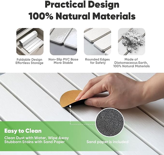 Stone Drying Mat for Kitchen Counter, Quick Diatomaceous Earth Mats for Dishes, 24"L x 16" W Super Absorbent Fast-Drying Collapsible Countertop Stone Mat (White, 24" x 16")