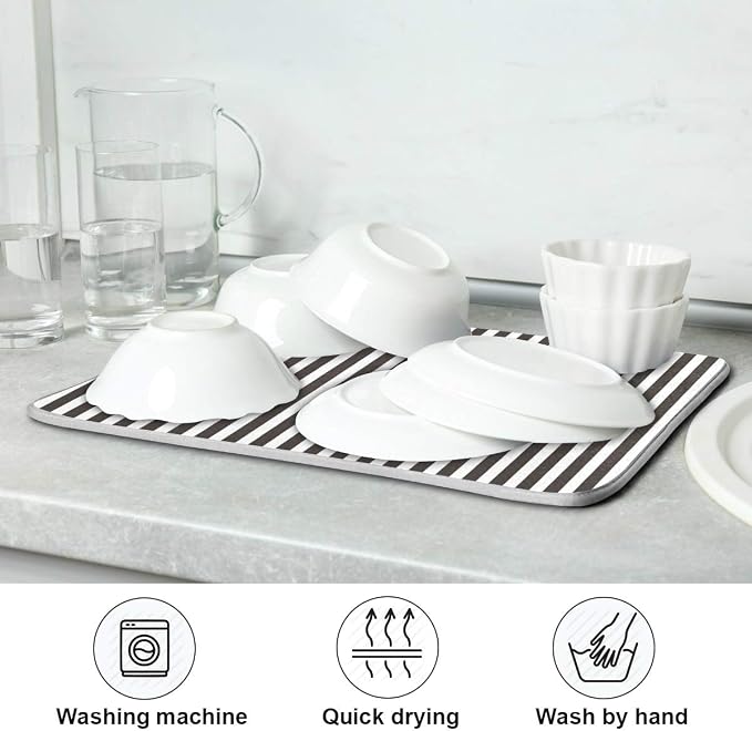 Black Striped White Dish Drying Mat for Kitchen, Absorbent Microfiber Drying Pad Dish Mat, 24" X 18"