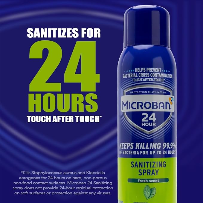 MICROBAN Sanitizing Spray, 15 oz., 2 Pack, Fresh Scent, Disinfects, Sanitizes, Eliminates Odors, and Keeps Killing 99.9% of Bacteria on Hard, Non-Porous Surfaces in Home for up to 24 Hours