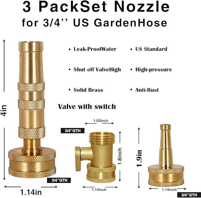 Heavy-Duty Brass Garden Hose Nozzle High Pressure 3 Pack Set with Adjustable Spray & Valve Control for Gardens, Lawns, Car Cleaning, and Patios Includes 3 Extra Anti-Leak Gaskets