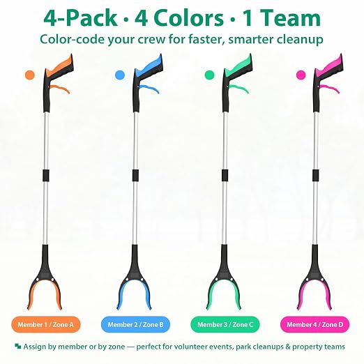 4 Pack 32 Inch Grabber Reacher Tool, Heavy Duty Trash Grabber Tool | Trash picker upper grabber and grabbers for seniors, with 4 color-coded tools for home, yard and daily outdoor cleanup.