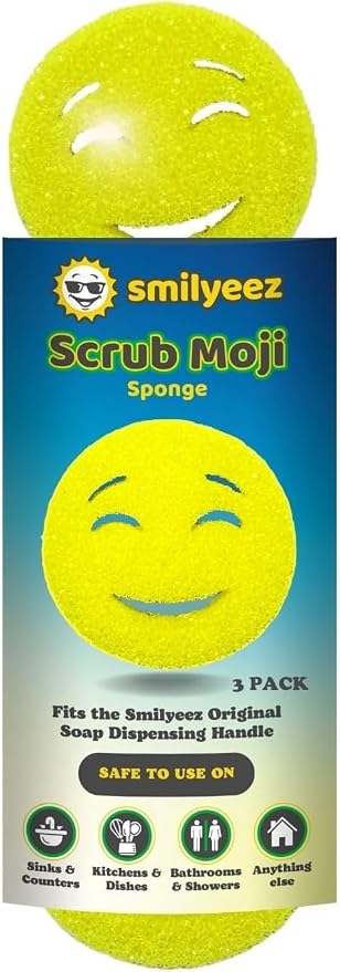 The Original Scrub Moji Scrubbing Sponge by Smilyeez (Set of 3) - Yellow - Temperature-Responsive Polymer Foam, Stain and Odor Resistant, Ideal for Kitchen and Bathroom Cleaning