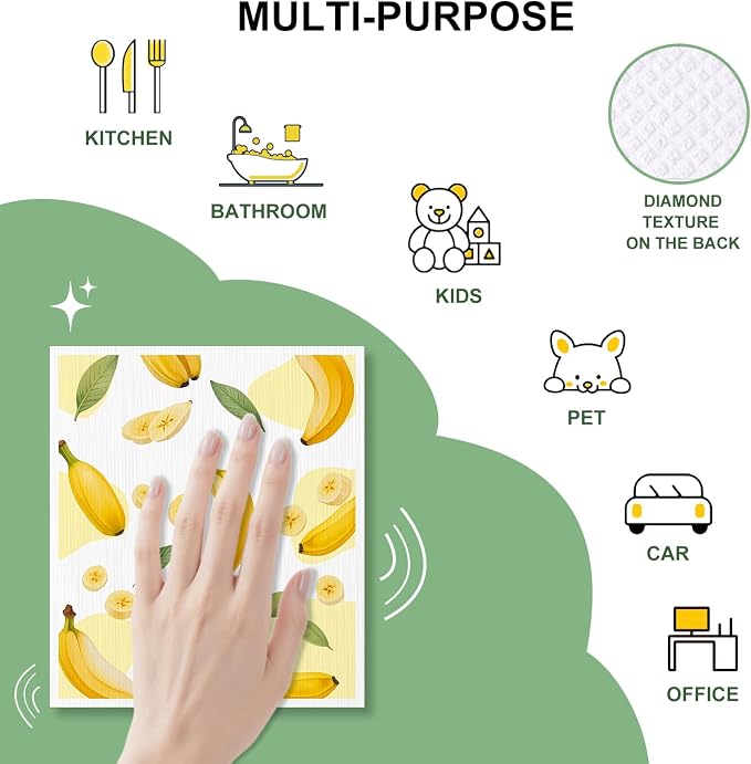 4 PCS Swedish Dishcloths, Reusable Kitchen Dish Cloths, Super Absorbent Cellulose Sponge Cloths, Odor Resistant, Dishwasher Safe & Multi-Purpose Cleaning Cloths