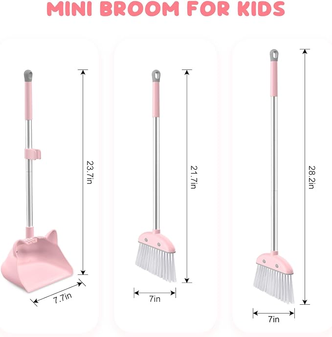Mini Broom with Dustpan for Kids, 28-in Handle Kids Broom and Dustpan Set for Toddlers Cat-Shaped Children Cleaning Set Boys Girls Small Housekeeping Helper Set, Pink