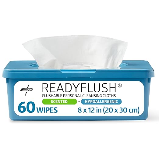 Medline ReadyFlush Flushable Wipes (60 Wipes per Tub), Scented, Biodegradable Flushable Incontinence Wet Wipes for Adults with Aloe, Hypoallergenic & pH-Balanced Personal Cleansing Cloths, 8" x 12"