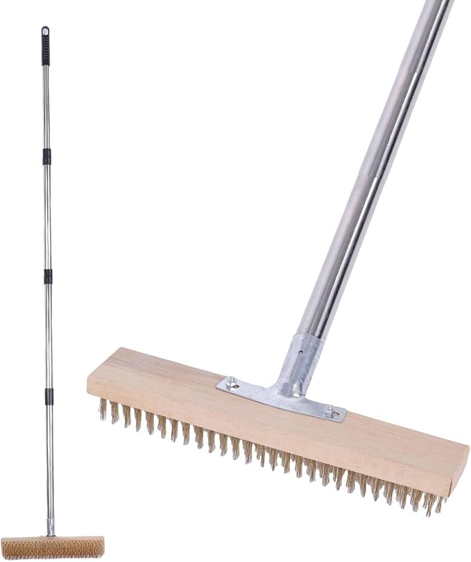 Jiawu Stainless Steel Wire Scrub Brush, Heavy Duty Wire Broom with 49in Telescopic Handle, Scrubber Broom for Outdoor Moss Removal for Deck, Concrete, Patio Floor Cleaning (30cm / 11.8in)