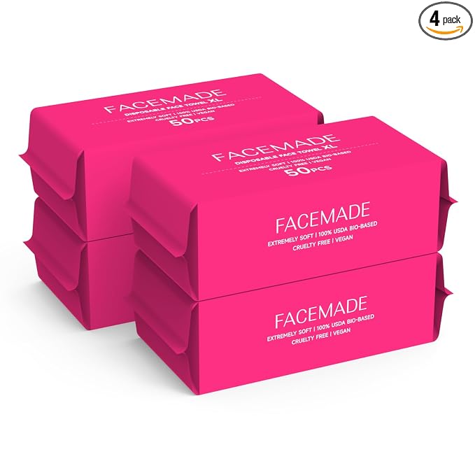 FACEMADE 200 Count (4 Packs) Disposable Face Towels, Ultra Thick Face Towelettes Disposable, Clean Facial Towels for Makeup Remover, Skincare, USDA Certified 100% Biobased