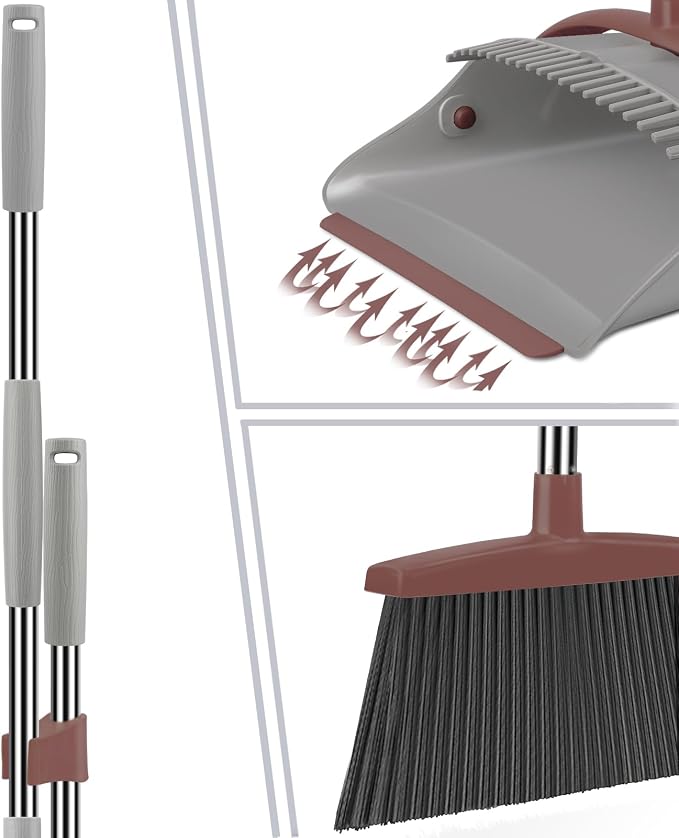 Ivandar Broom with Dustpan Combo Set, 50.6 inch Long Handle, Upright Standing Broom and Dustpan Set Quiet Cleaning Tool Sweep the Floor Dust pan Removes 4 Times More Pet Hair(Brown and Gray)