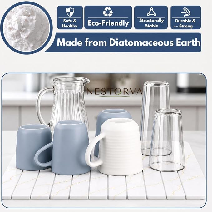 Dish Drying Mat, Large Stone Dish Drying Mat for Kitchen Counter 24" x 16", Foldable Diatomite Drying Stone Counter Mat with Non-Slip Base, Foldable Quick Dry Dish Drying Mats【White】