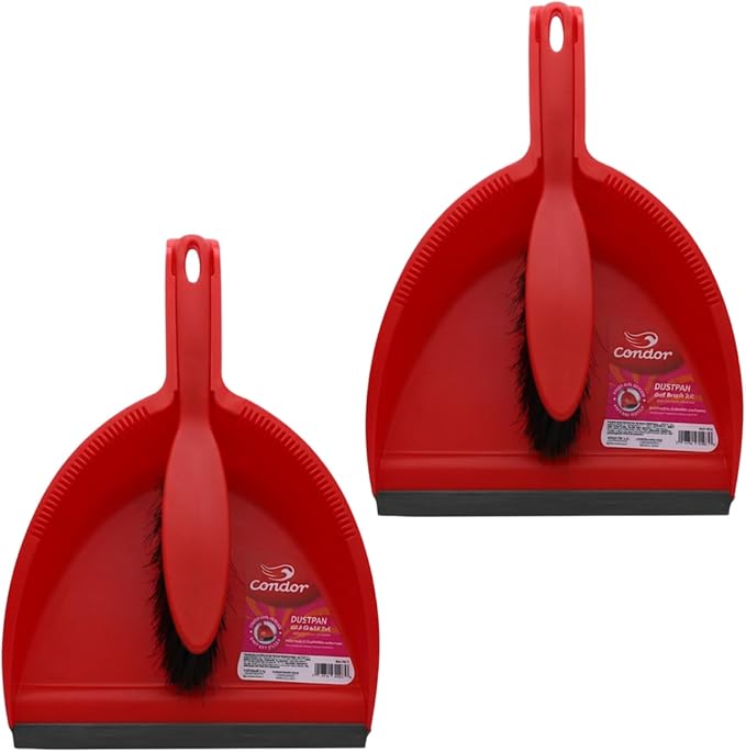 Condor Home Dustpan and Brush Set, Red Plastic Cleaning Tool With Long Handle, Heavy Duty Dust Pan With Soft Bristle Broom, 2-Pack