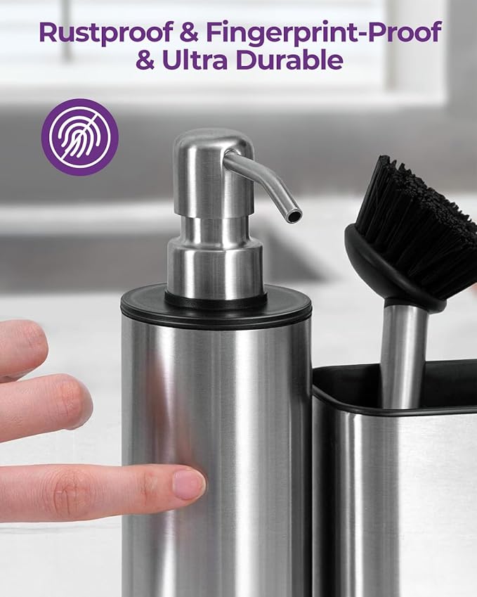 ODesign Kitchen Soap Dispenser Set - 3 in 1, Stainless Steel Dish Soap Dispenser with Sponge Holder, Dish Brush & Brush Holder, Kitchen Sink Caddy Organizer for Countertop - Rustproof, Non-Slip