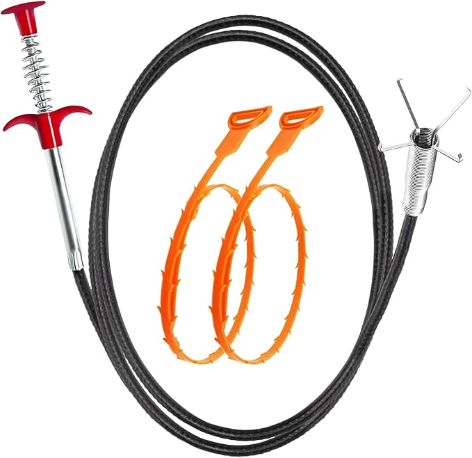 Drain Snake Clog Remover Tool, 3 Plastic (20 Inches) and 1 Stainless Drain Snakes (33 Inches) Included, Effectively Clean Hair and Other Clog for Toilet, Kitchen Sink, Bathroom Tub
