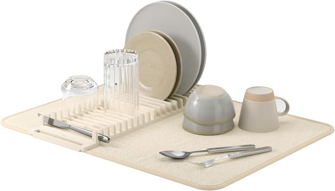 Umbra Udry Dish Rack and Microfiber Drying Mat – Space-Saving Design Folds Up for Easy Storage, Basic Rack, Linen