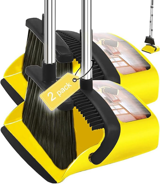 2-Pack is More economical，Brooms with Dustpan Combo Set，with 52" Long Handle, Dustpan Teeth with self-Cleaning Function, Indoor and Outdoor Sweeping, Perfect for Home Office (Large/Yellow /2-Pack)