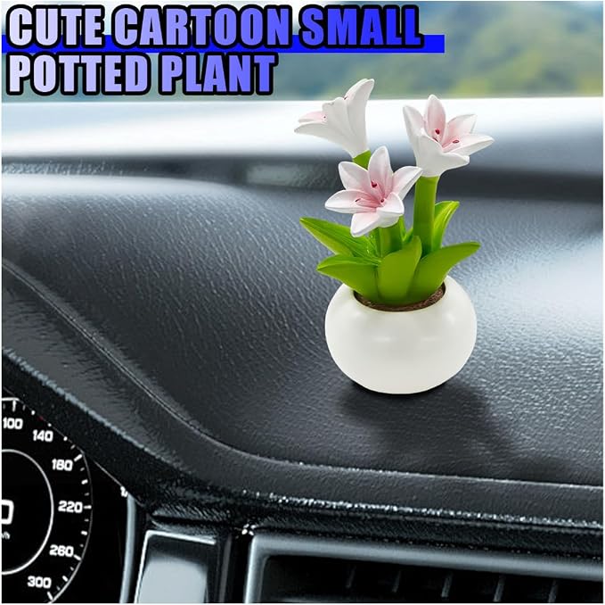 Mini Flower Car Dashboard Decoration - Cute Potted Plant Resin Figurines Car Desk Center Console Decoration - Aesthetic Auto Interior Ornament Accessories Funny Presents for Women (Lily)