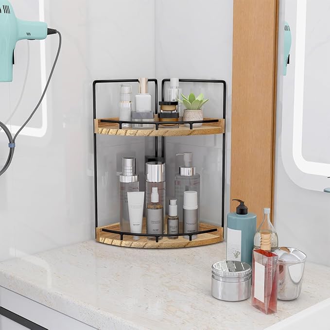 Dorhors 2-Tier Bathroom Counter Organizer,Vanity Counter Corner Shelf, Skincare, Wood Countertop Bathroom Storage and Organization for Kitchen (Brown)