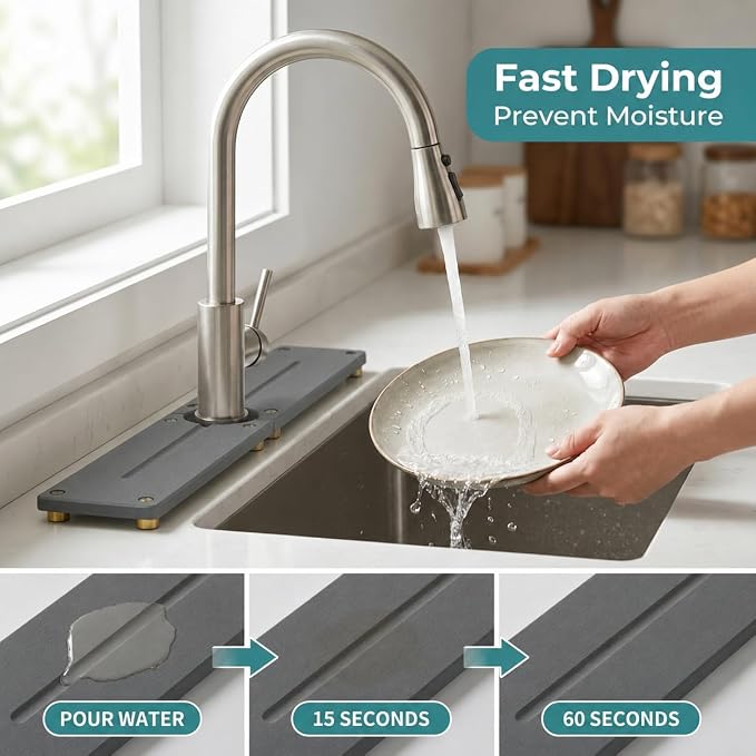 2PCS Stone Faucet Mat for Kitchen Sink, Water Absorbing Sink Tray Organizer for Bathroom Counter, Diatomite Soap Dish Coaster Caddy Riser, Sponge Holder Dispenser Mat, Dark Gray, 23.6" x 4", 1 Set