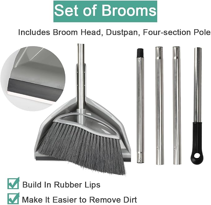 Soft Bristle Broom and Dustpan Set, Long Handle for Indoor Floor, Hardwood | Angled Broom Reach Corners and Cabinets, Rubber Lip Traps Fine Dust. Perfect for Tile, Office, Kitchen.