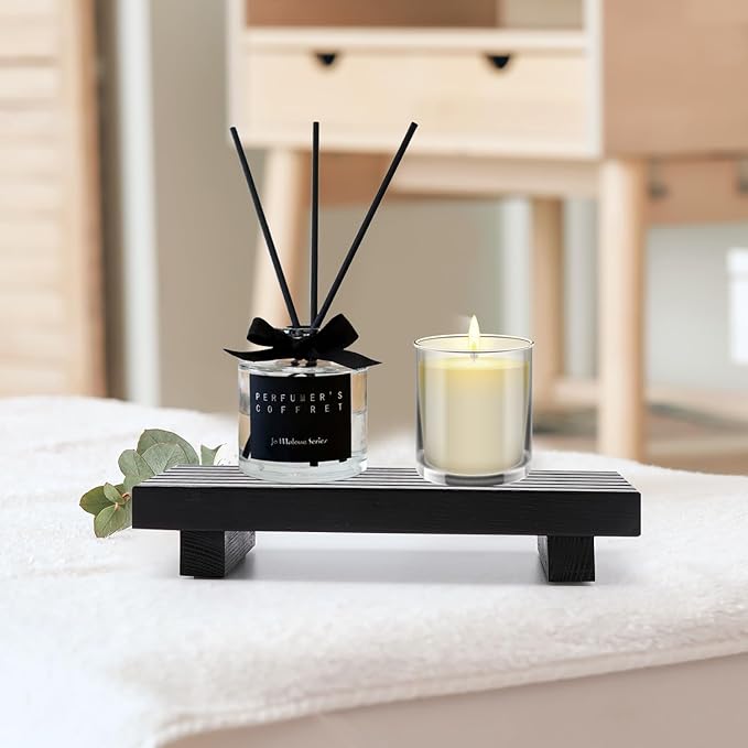 Black Bathroom Tray for Sink Decor Kitchen Counter Wood Pedestal Soap Dish | Small Sponge Holder Soap Dispenser Wooden Risers Restroom Decor Kitchen Accessories Countertop Mens Spa Vanity Toilet Tray
