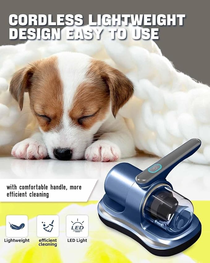 Cordless Mattress Vacuum Cleaner with UV Light Handheld Bed Vacuum with Ultrasonic & Heating Tech, 2 HEPA Filters, Strong Suction for Mattress, Sofa, Carpets, Pet Hair (Blue)