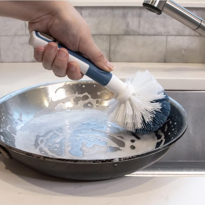 Unger Sink and Dish Scrub Brush, Kitchen Washing Scrubber for Hard-to-Reach Corners, Small Cleaning Supplies, Non-Scratch Bristles, Glassware, Pots, Pans, Tumblers, Drains, and Disposals