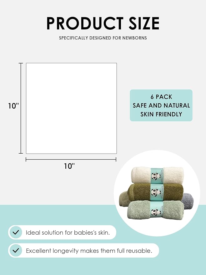 HIPHOP PANDA Baby Washcloths, Rayon Made from Bamboo - 2 Layer Ultra Soft Absorbent Newborn Bath Face Towel - Reusable Baby Wipes for Delicate Skin - Sage and Teal, 6 Pack