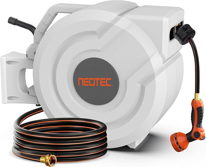 5/8 in 115ft Retractable Garden Hose Reel with Auto Rewind Any Length Lock Heavy Duty Hose Reel,9-Pattern Nozzle,180°Swivel,UV Resistant Wall Mount Water Hose Reel for Outdoor Garden Car Pet Patio