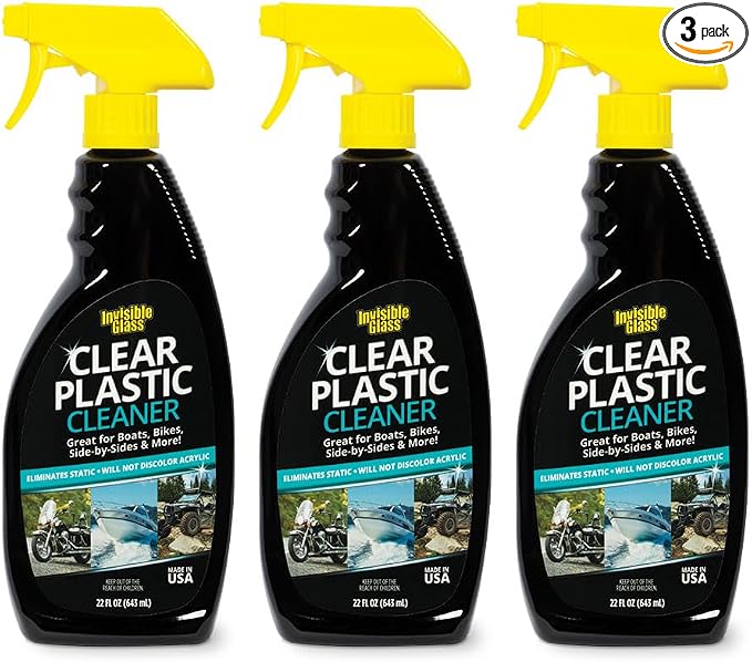 Invisible Glass 92084-3PK Clear Plastic Cleaner for Cars, Motorcycles, RVs, Boats, Helmet Visors, Golf Carts, Acrylic and Vinyl Windows, Streak-Free, Haze-Free, Removes Static, 22 Fl Oz, Pack of 3